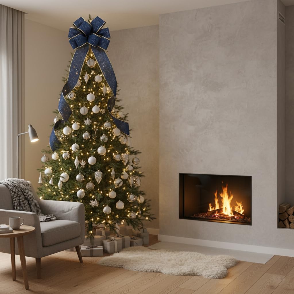 CT CRAFT LLC Blue Burlap Fabric Confetti Glitter Wired Ribbon 2.5" x 10 Yards Navy Color for Christmas Home Wedding Decor Gift Wrapping Tree Topper Bow Wreath Bouquet DIY Crafts