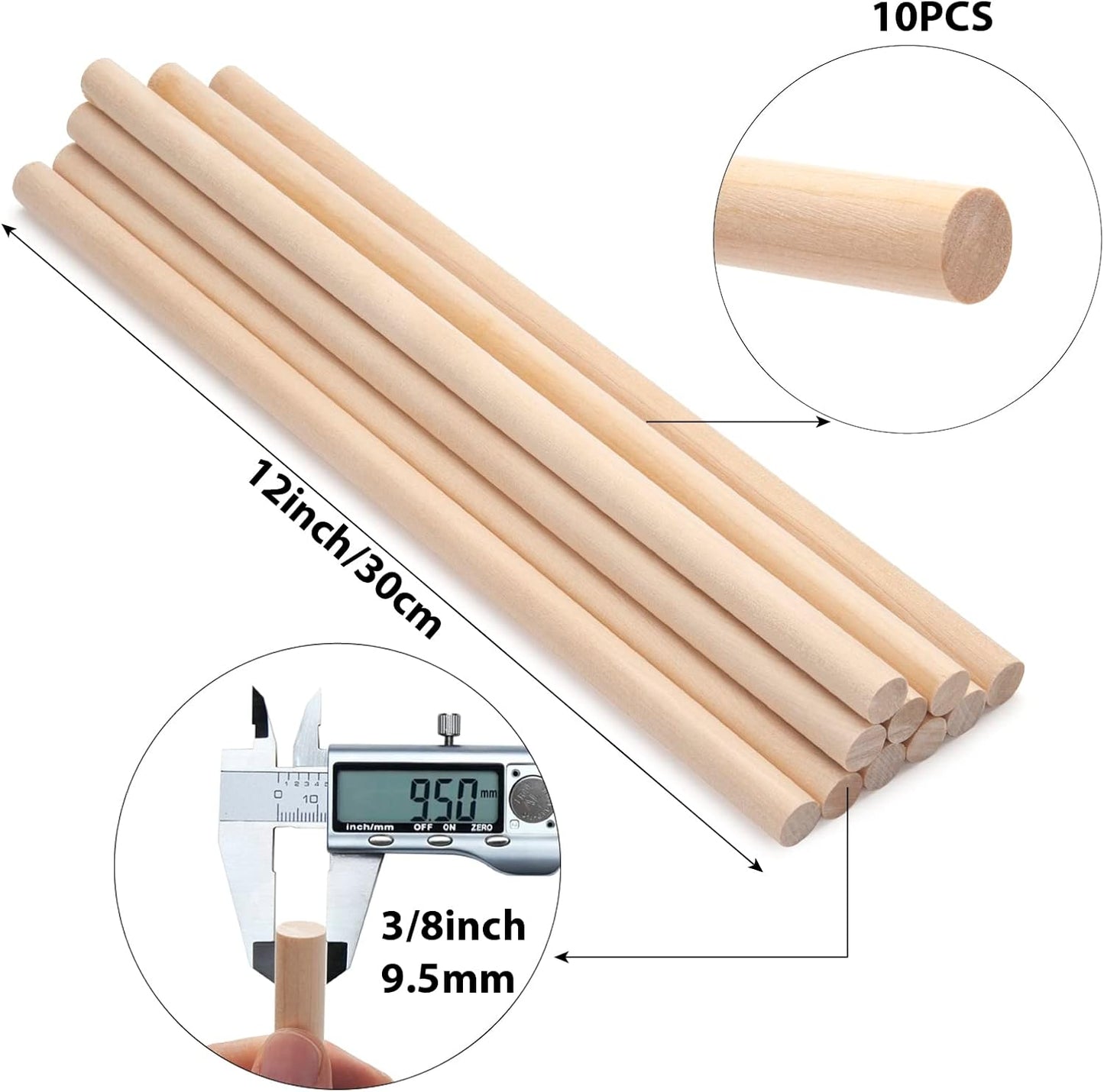 3/8 x 12 Wooden Dowels Wood Sticks for Crafts, 10 PCS Wood Dowel Rods, Round Macrame Dowels, Unfinished Hardwood Sticks for Crafting, Arts and DIYers, Tiered Cake Support and Wedding Ribbon Wands