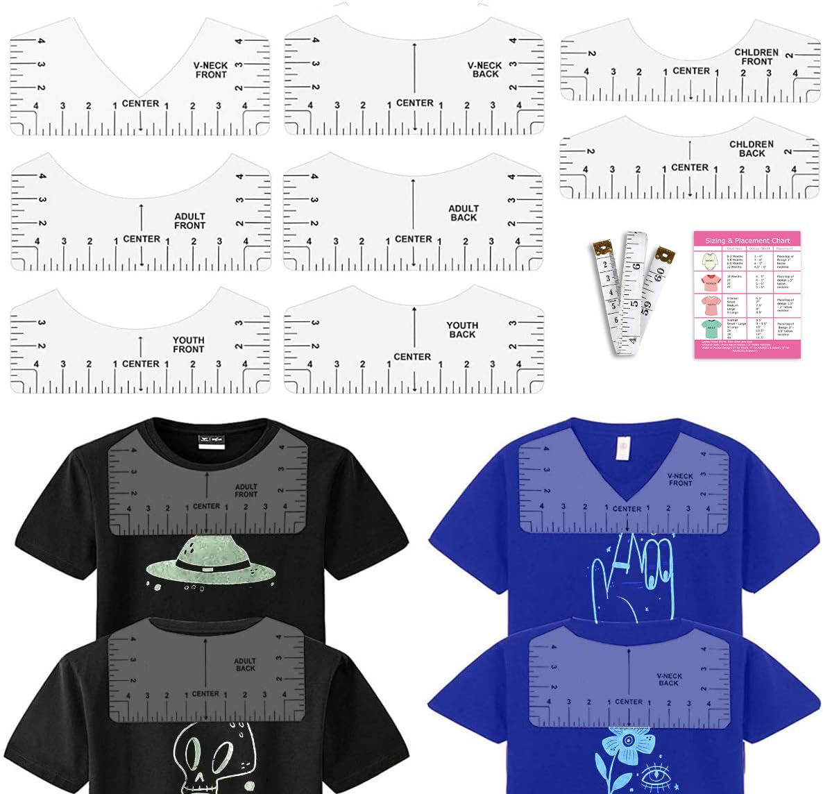 Vowlove Tshirt Ruler Guide for HTV Vinyl Heat Transfer Vinyl - T-Shirt Alignment Tool Shirt Centering Ruler Set Sublimation Blanks Accessories Tools Heat Press Tee Measurement Front Back