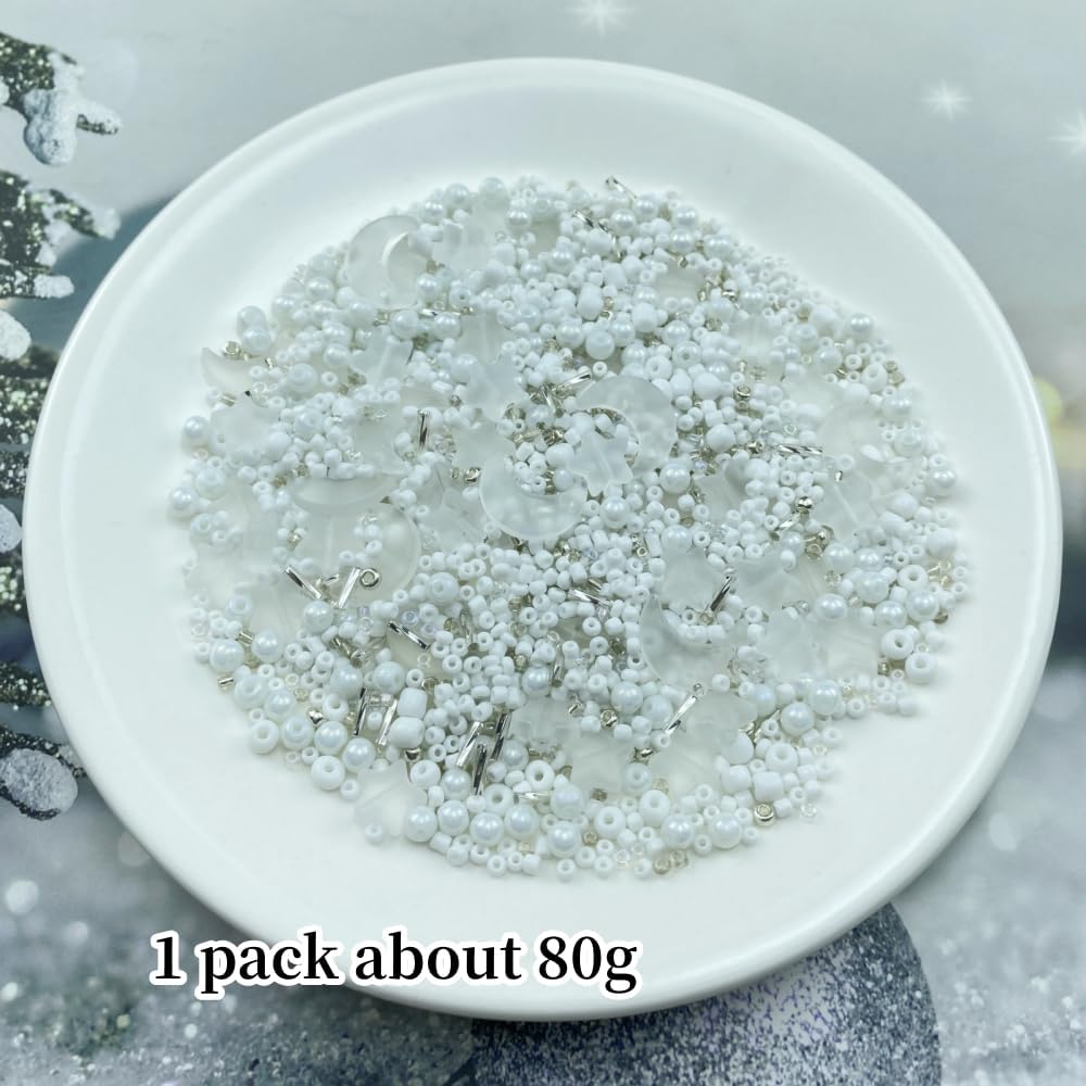 Assorted Glass Beads for Jewelry Making Multi Size Colors Glass Star Moon Seed Pearl Spacer Beads for Bracelets Necklace Earring Making(Frosted White)