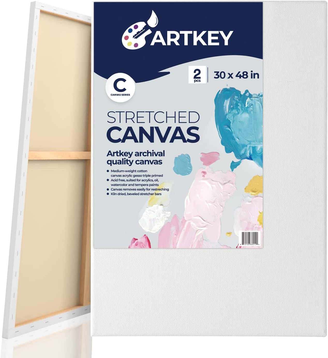 Artkey Stretched Canvases for Painting 30x48 Inch 2-Pack, 12.3 oz Triple Primed Acid-Free 100% Cotton Blank Canvas, Large Art Canvases for Oil Paint Acrylics Pouring & Wet Art Media, Pour Painting
