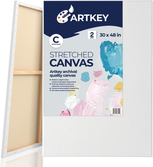 Artkey Stretched Canvases for Painting 30x48 Inch 2-Pack, 12.3 oz Triple Primed Acid-Free 100% Cotton Blank Canvas, Large Art Canvases for Oil Paint Acrylics Pouring & Wet Art Media, Pour Painting