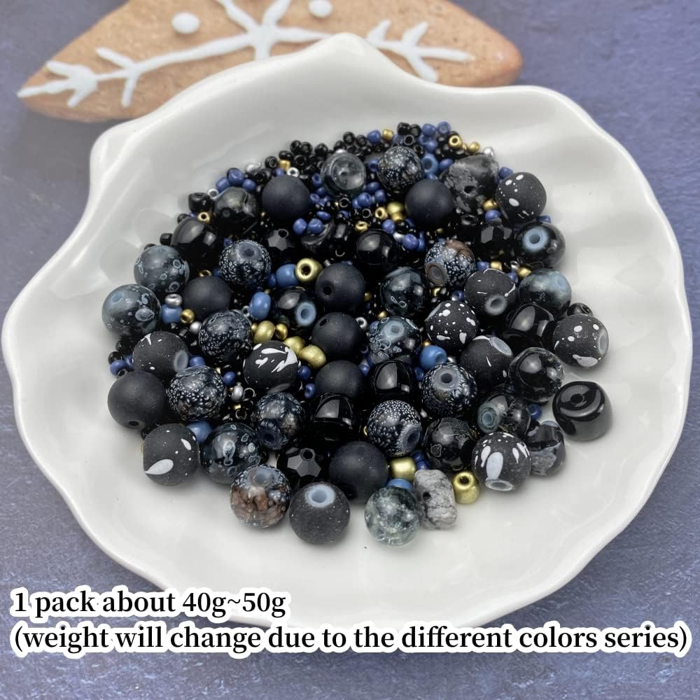 Assorted Glass Resin Beads Multi Size Colors Smooth Cracked Gravel Millet Spacer Beads for Bracelets Necklace Earring DIY Jewelry Making Craft(Black Series)