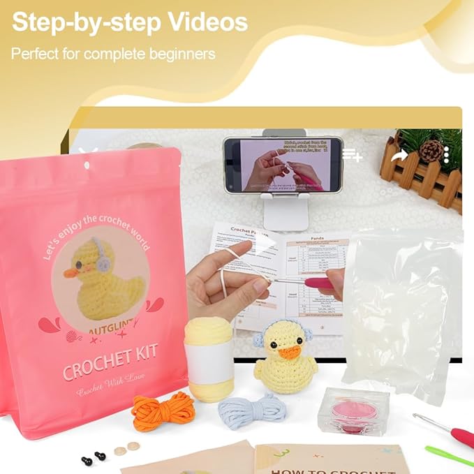 Crochet Kit for Beginners - Amigurumi Animal Crochet Kit with Video Tutorial | Complete DIY Starter Kit for Adults, Teens & Kids | Creative Craft Gift for Handmade Doll Making (Yellow Duck)