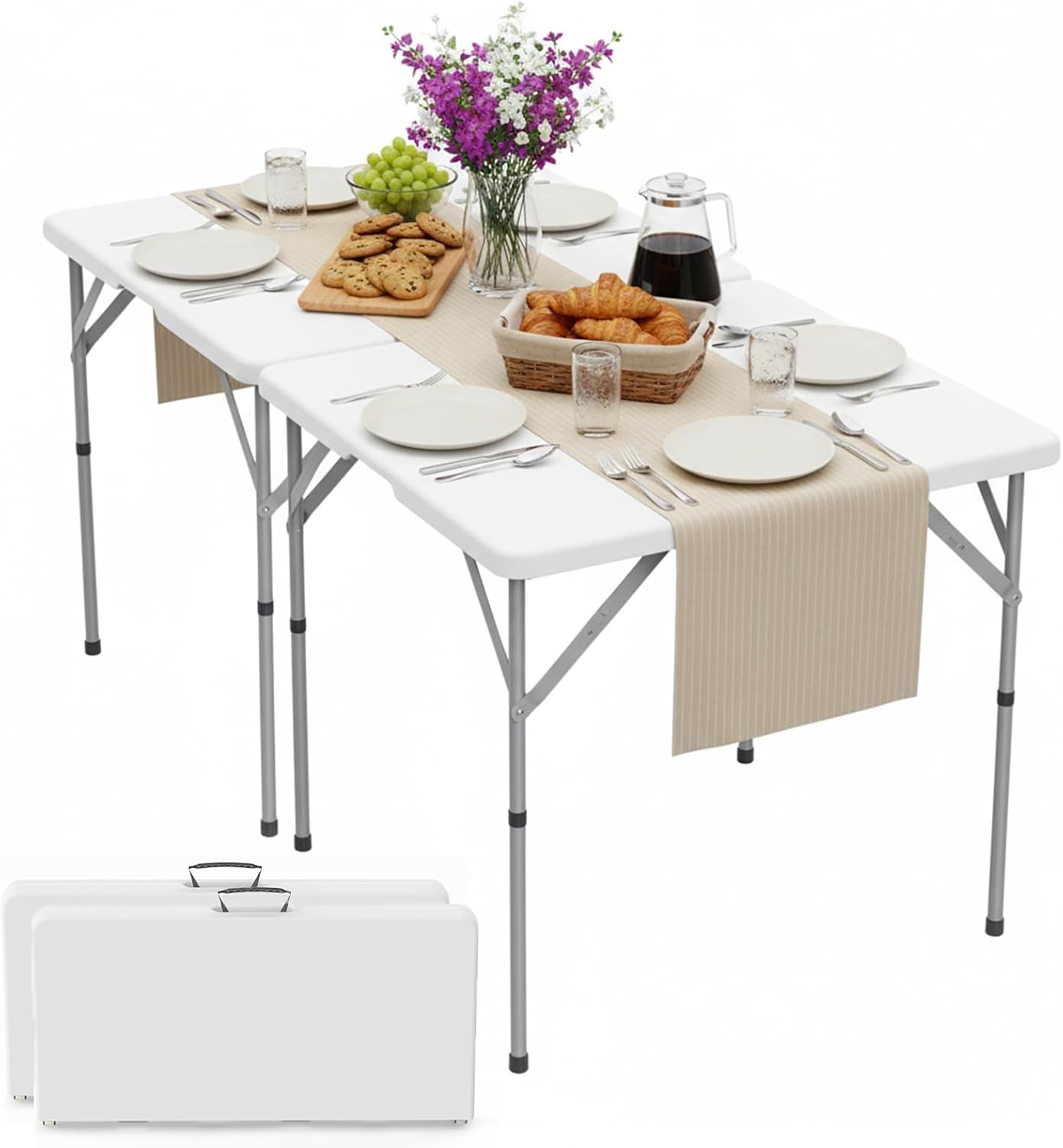 HLPB 34'' Square Folding Card Table 2 Pcs, Fold-in-Half Portable Dining Table with Handle and Safety Lock, Foldable Plastic Dining Table Indoor Outdoor for Camping, Picnic and Party Event, White