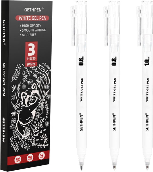 White Gel Pens 3-Pack - 0.6/0.8/1.0mm Fine to Bold Tips for Journaling & Art - Opaque Ink on Dark Paper, Holiday Cards & DIY Gifts