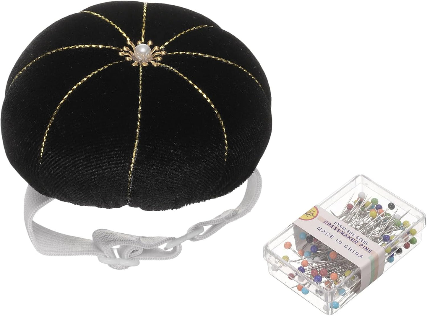 HARFINGTON Wrist Pin Cushion Wristband Sewing Pincushion Polyester Pin Holder Wearable Pumpkin Shaped Needles Wristband with 100 Head Needles for Sewing Quilting DIY Crafts, Black