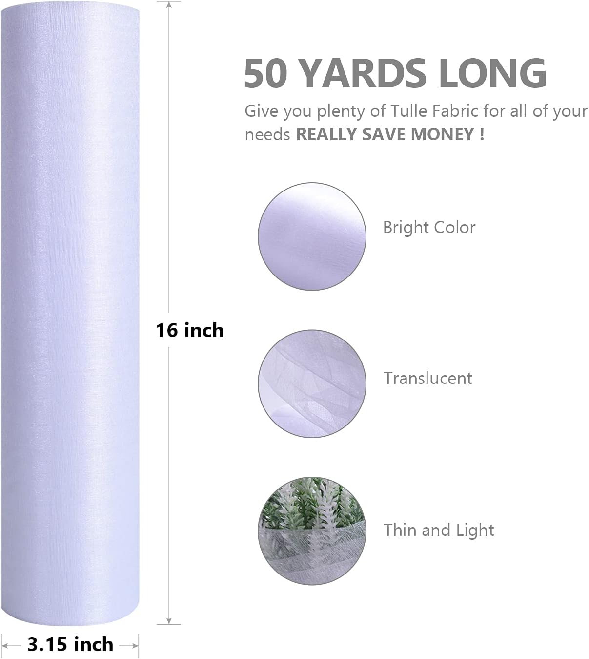 Crystal Organza Fabric Tulle - 16" by 50 Yards Sheer Fabric for Wedding Party Decoration Bridal Shower Tutu Roll Netting Spool Ribbon Wrapping (White)