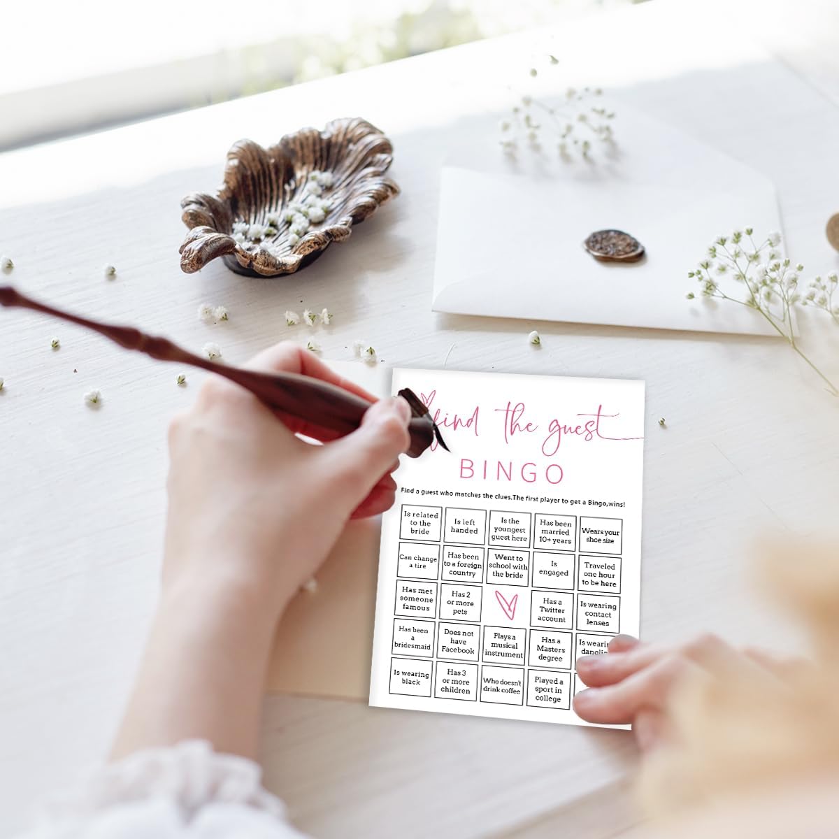 Bridal Shower Bingo, 25Pcs Prefilled Find The Guest Bingo Game Cards, Engagement Party Games for Guests, Pink Wedding Party Supplies - E17