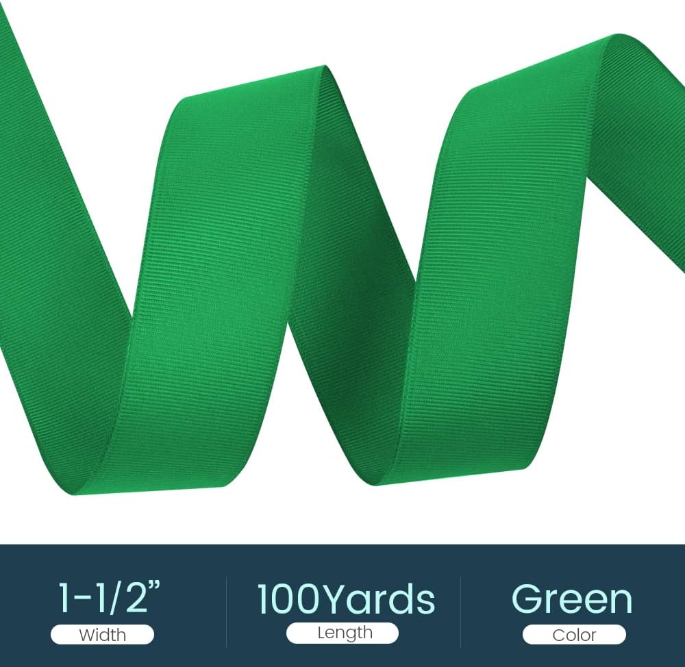 1-1/2" X 100 Yards Green Grosgrain Ribbon, Premium Grosgrain Ribbon for Sewing, Gift Wrapping, Bow Making, Wedding Decor, Wrapping and More (Green)
