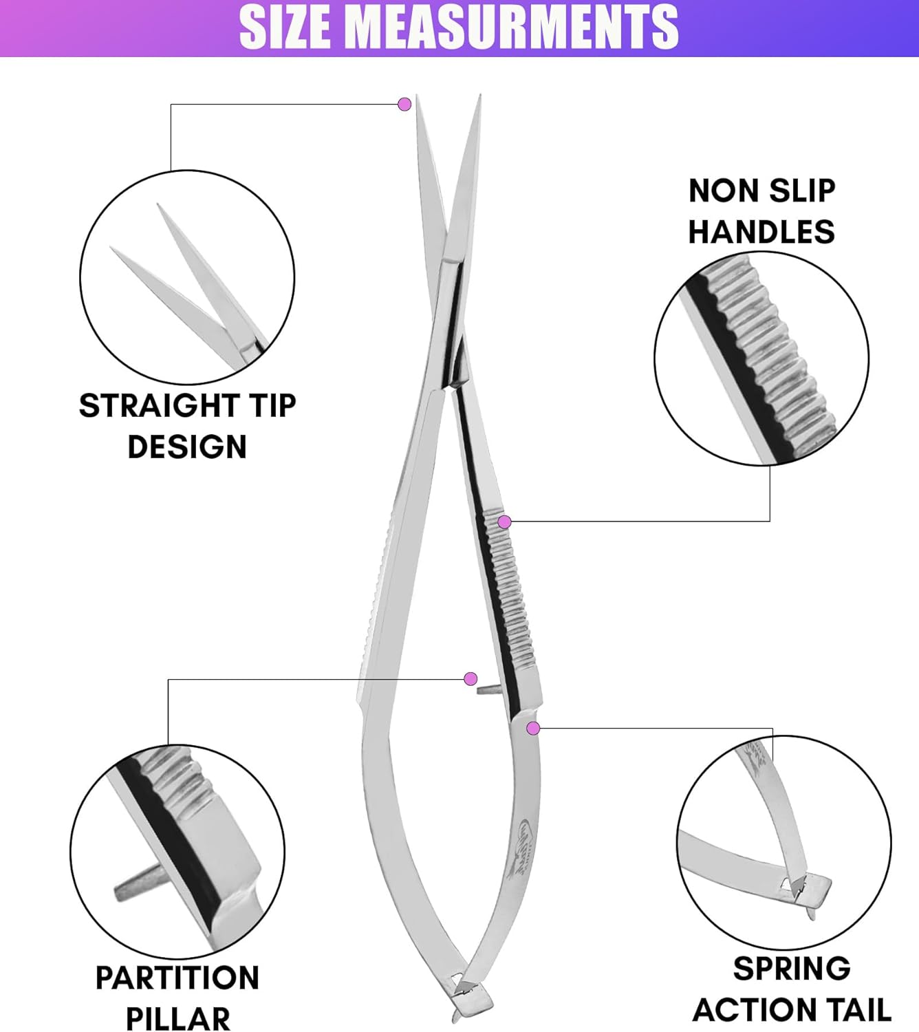 Cross Edge Spring Scissors 5 Inch straight Stainless Steel Precision Eyebrow & Eyelash Shaping & Trimming Scissor, Snips Squeeze, Embroidery, Knitting Micro Tip Craft Scissors (Silver)