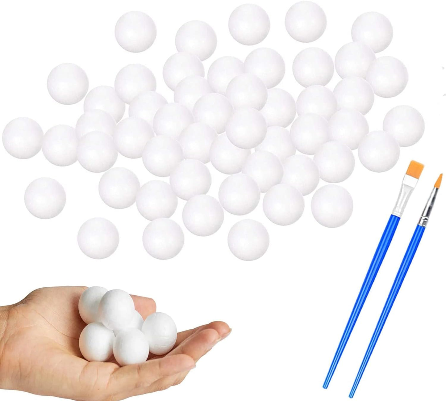 hesmartly 100 Pack 1 Inch Craft Foam Balls,White Polystyrene Smooth Round Balls and 2 Pieces Painting Brushes for DIY Projects Arts and Crafts Supplies