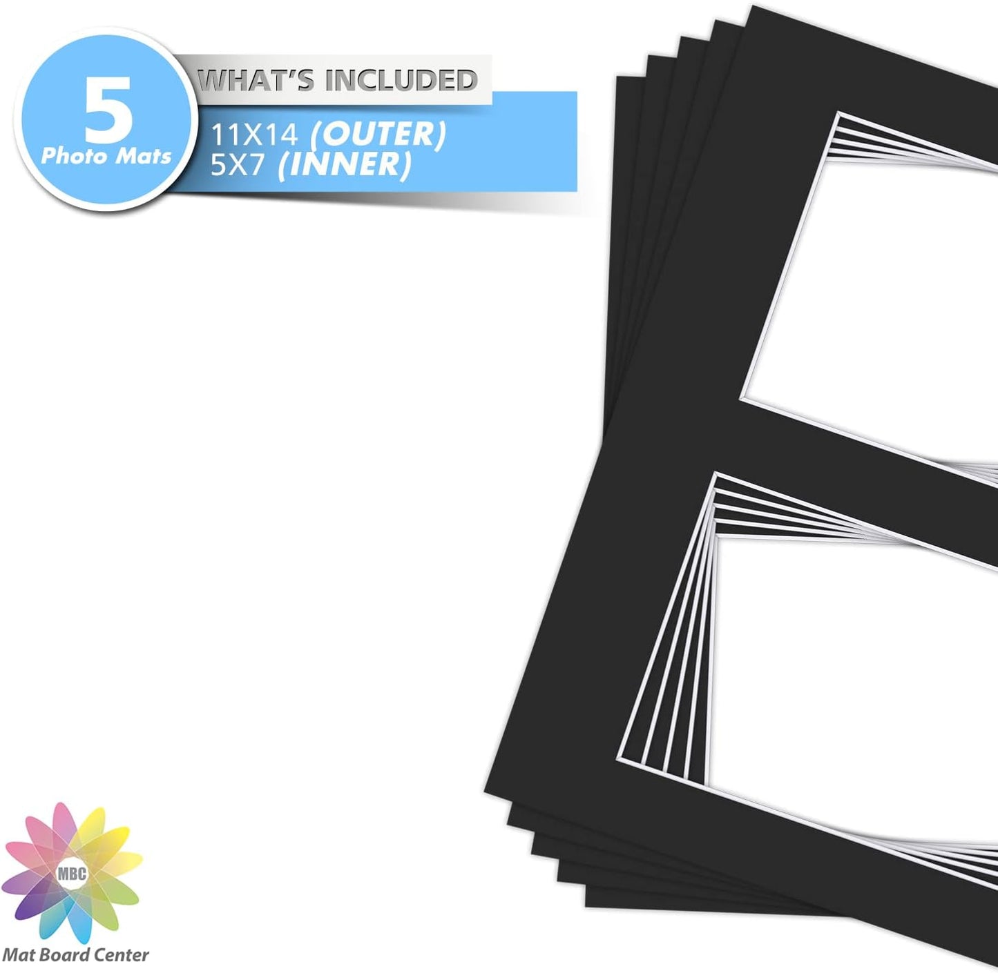Mat Board Center, Pack of 5, Photo Picture Mats - Acid Free, 4-ply Thickness, White Core - for Pictures, Photos, Framing (11x14 for 2-5x7 Black)