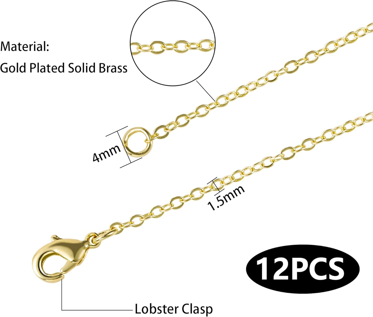 Wholesale 12 PCS Gold Plated Brass Flat Cable Chain Finished Necklace Chains Bulk for Jewelry Making (18 Inch(1.5MM))