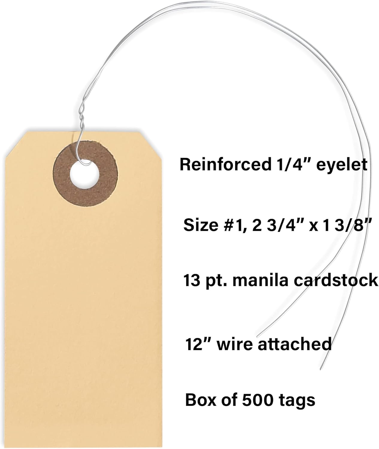String Tags with Wire Attached- #1, 2 3/4” x 1 3/8”, Box of 500 Blank Shipping Tags with Wire and Reinforced Hole, Wired Labeling Tags