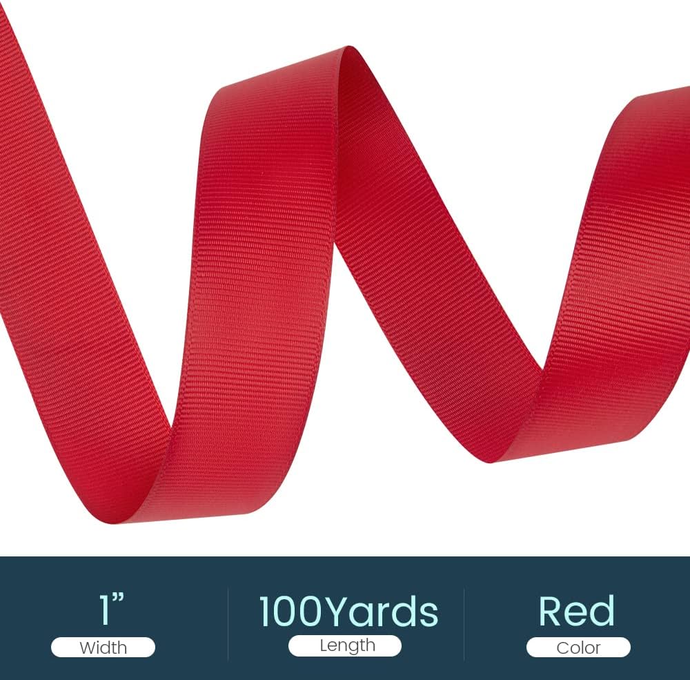 1" X 100 Yards Red Grosgrain Ribbon, Premium Grosgrain Ribbon for Sewing, Gift Wrapping, Bow Making, Wedding Decor, Wrapping and More (Red)