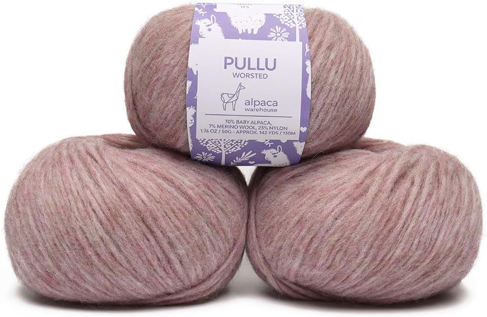Pullu - Baby Alpaca Merino Wool Yarn Set of 3 Skeins (150 Grams) Worsted Weight - Sourced Directly from Peru - Heavenly Soft and Perfect for Knitting and Crocheting (Lilac Rose)
