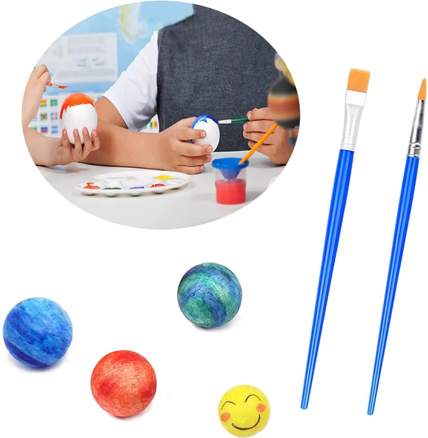 hesmartly 50 Pack Craft Foam Balls,White Polystyrene Smooth Round Balls, 5 Sizes Foam Balls and 2 Pieces Painting Brushes for DIY Projects Arts and Crafts Supplies