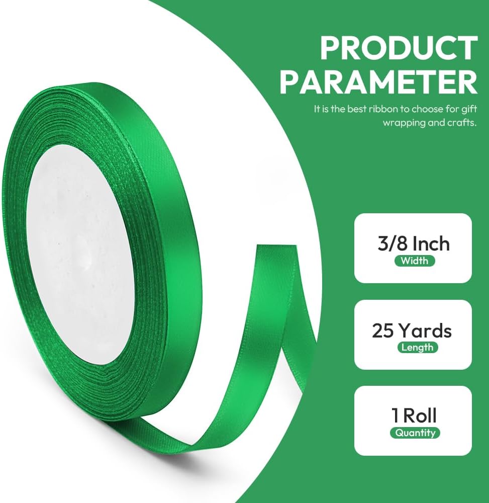 3/8" x 25 Yards Satin Ribbon, Green Silk Ribbon Ideal for Gift Wrapping, Floral Bouquets, Crafts, Wedding Party Decorations, Christmas and Sewing Projects
