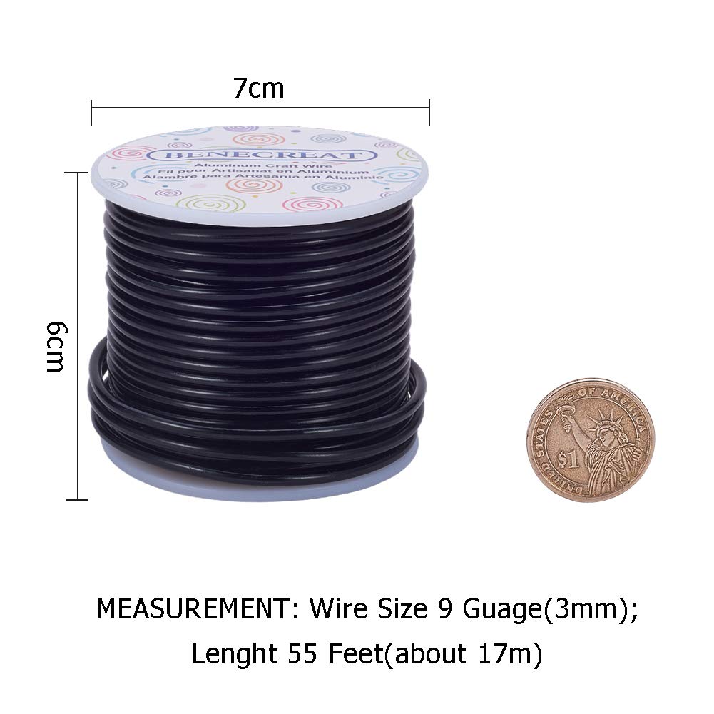 BENECREAT 9 Gauge Jewelry Craft Aluminum Wire 55 Feet Bendable Metal Sculpting Wire for Halloween Craft Floral Model Skeleton Making (Black, 3mm)