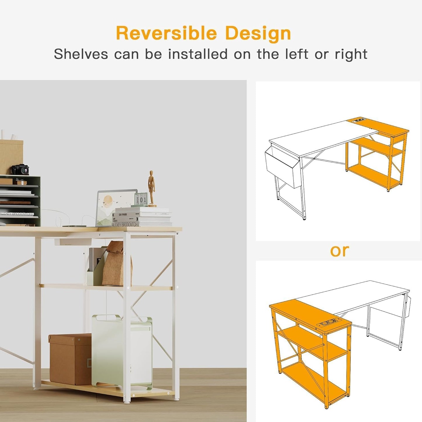 TIQLAB L Shaped Computer Desk with Power Outlets, 55 Inch Small Corner Desk with Reversible Shelves, Gaming Desk Computer Table Study Writing Desk for Home Office Small Space, Beige