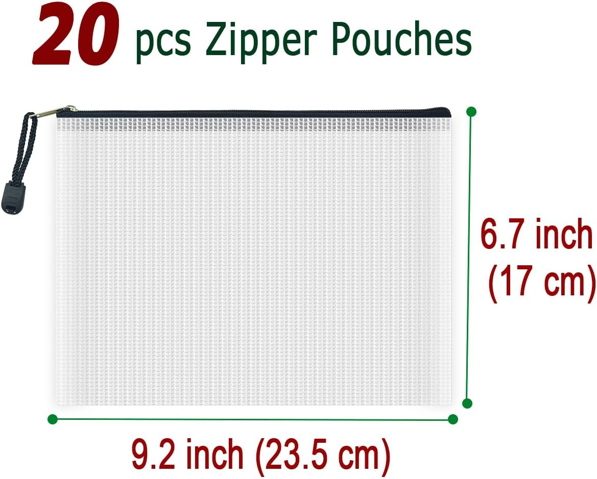 AUSTARK 20 Pcs Zipper File Bags, Plastic Mesh Pouch, Board Game Storage Bag, Waterproof Bags for Office School (A5 Size 9.2''x6.7'', White and Black)