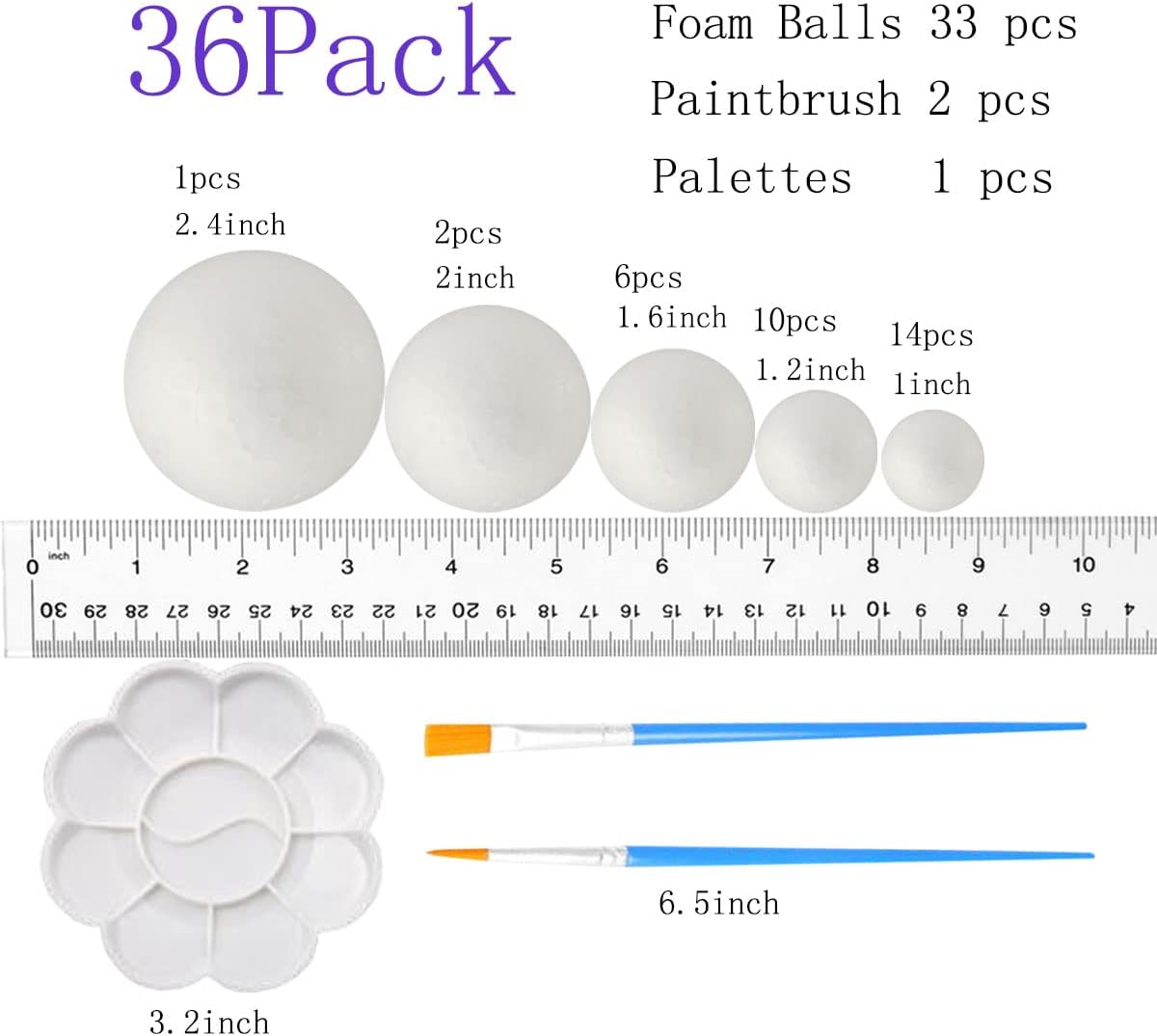 FFchuanhe 36Pack Craft Foam Balls Assorted Sizes (1-2.4 in), Foam Balls for Arts and Crafts, Christmas, School Craft Project and Holiday Party