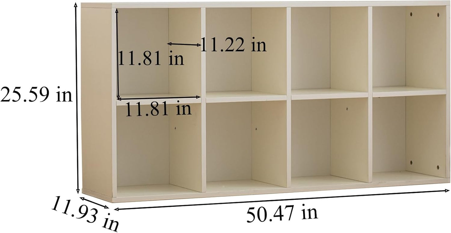 Wood 8-Compartment Storage Cabinet 8-Cube Storage Cabinet Organizer Wooden Cubby Bookshelf White 2 tier Open Cabinet Qquare Cubby Shelf for Home Office Living Room (8-Cube, 11 in Shelf Opening)