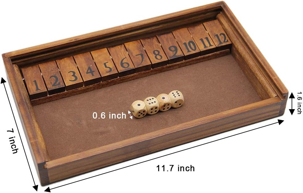 Juegoal Shut The Box Wooden Board Dice Game with 12 Numbers and Lid for Kids Adults Families, 2 Players and Up