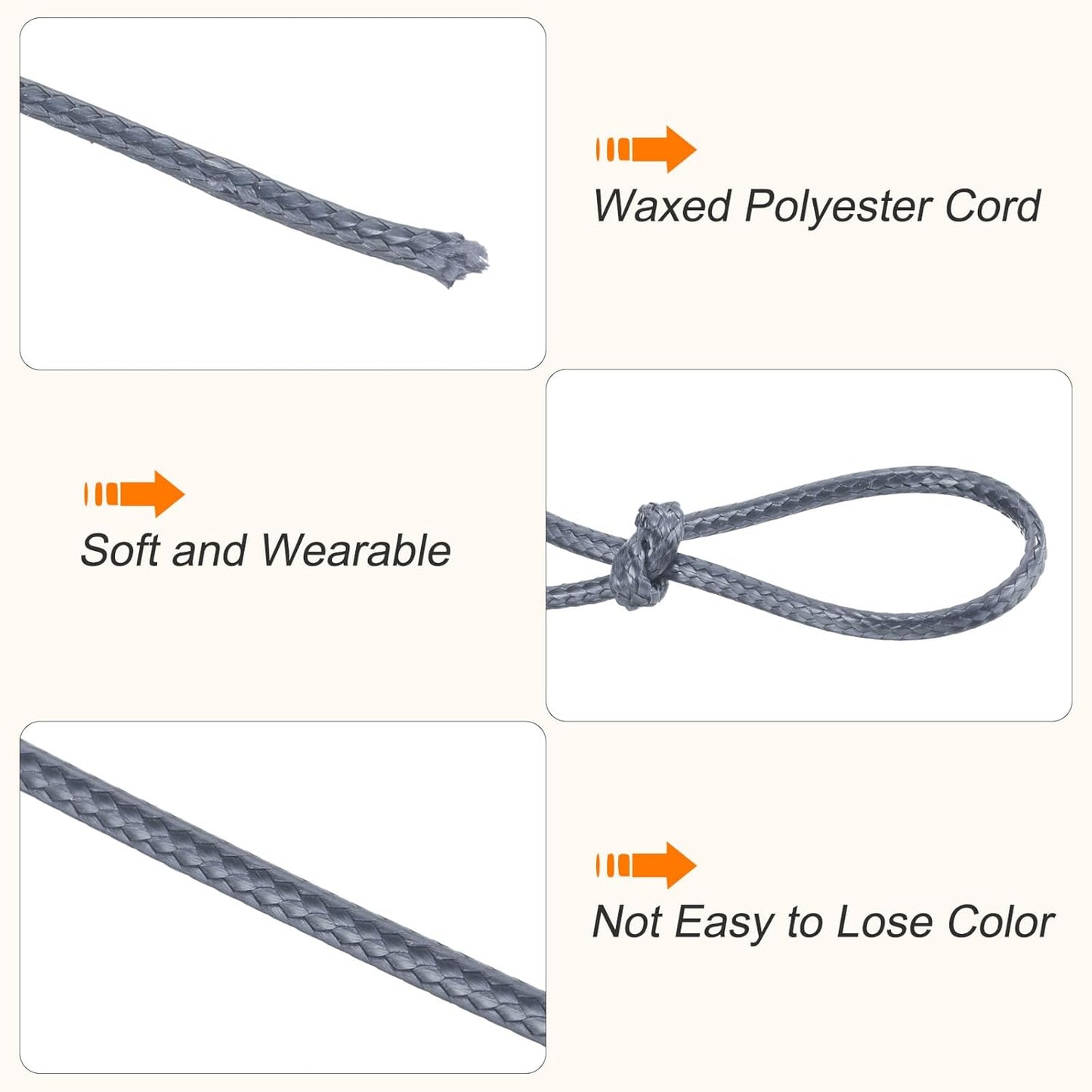 MECCANIXITY Waxed Cord 2mm Waxed Polyester Cord 98 Yard Wax String for Bracelet Making, Necklaces, Beading, Jewelry Making and DIY Crafts(Dark Grey)