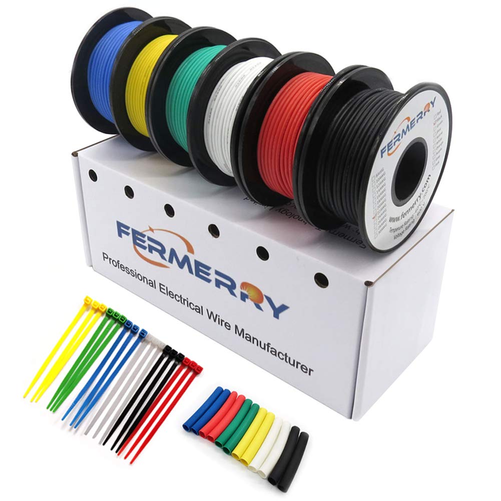 Fermerry 24 AWG Stranded Wire Spool 10ft Each 6 Colors Flexible 24 Gauge Silicone Hook up Wire Kit Electrical Tinned Copper Wire