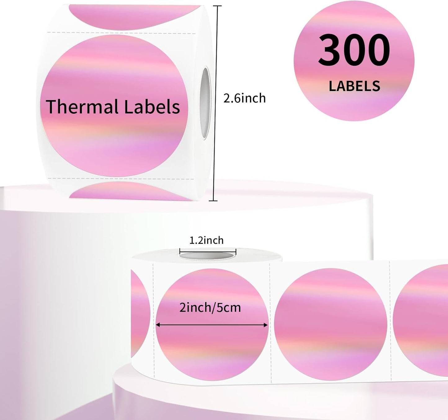 2" Circle Holographic Thermal Label Stickers Pink, Round Printable Rainbow Thermal Sticker for Gift Wrapping, Self-Adhesive/Perforation Line Design