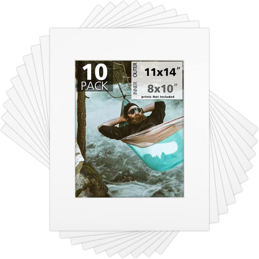 Mat Board Center, Pack of 10, 11x14 for 8x10 Off White Color Mats - Bevel Cut, Acid Free, 4-ply Thickness, White Core - for Pictures, Photos, Framing