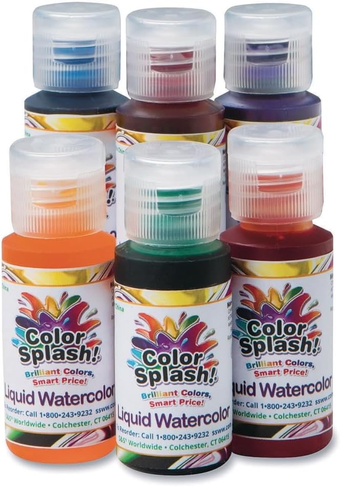 S&S Worldwide Color Splash! Liquid Watercolor Paint, 6 Vivid Colors, 1-oz Drip-Dispense Bottles, For All Watercolor Painting, Use to Tint Slime, Clay, Glue, Shaving Cream, Non-Toxic. Pack of 6.