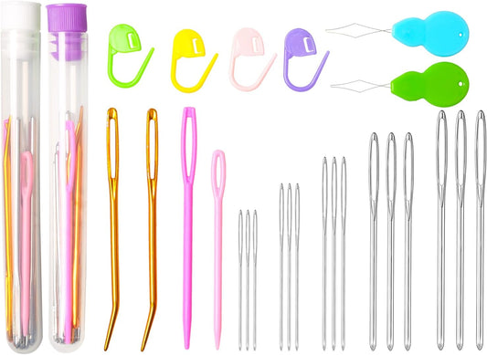 Hekisn 45Pcs Large Eye Blunt Yarn Needles kit, Assorted Sizes Bent Tapestry Darning Needle, Sewing Needles with Needle Threaders & Stitch Markers for Knitting Crochet (Purple&White)