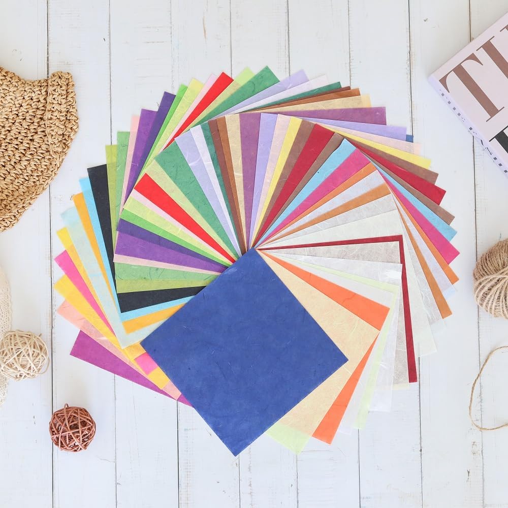 50 Colors 50 Sheets 6 x 6 Inches Natural Fiber Mulberry Tree Square Origami Paper Arts Folding Craft, Decoration Paper, Writing Painting Square Folding Paper for DIY Crafts (Mixed Color, 6"x6")