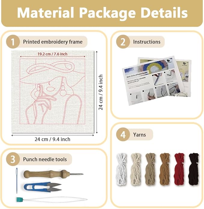 Doodlream Elegant Lady DIY Punch Needle Embroidery Kit for Adult Beginner, 9.4" Woman Wearing Hat Punch Stitching Craft Set for Starter with Frame, Fabric Pattern, Threader, Yarn, Pinch Needle