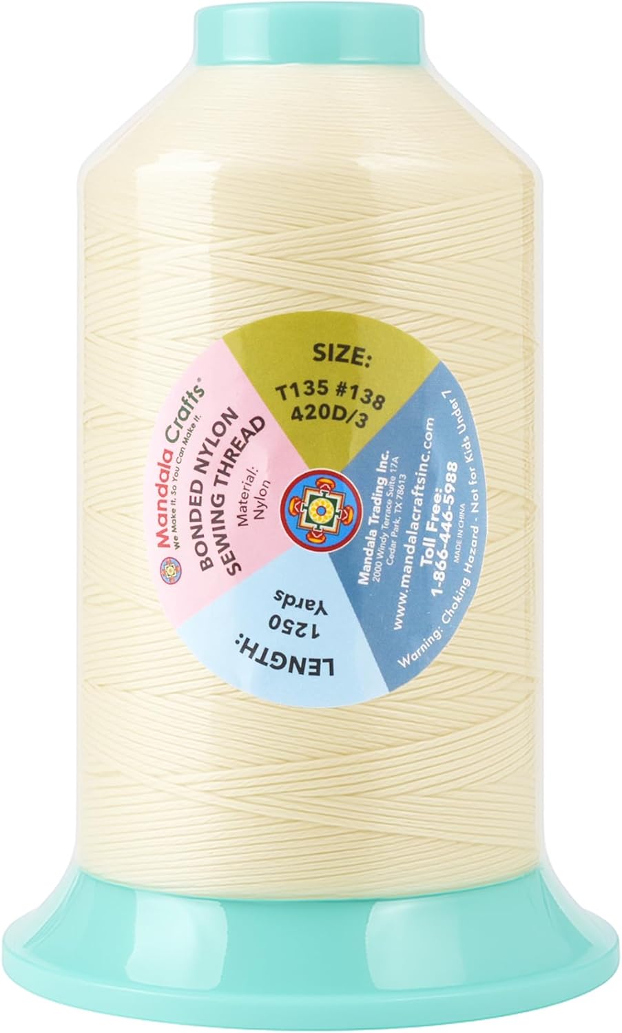 Mandala Crafts Size 138 420D T135 Bonded Nylon Thread Ivory Heavy Duty Sewing Threads - 1250 YDs Tex 135 Thread for Leather, Jeans, Weaving, Outdoor Marine Upholstery Threads