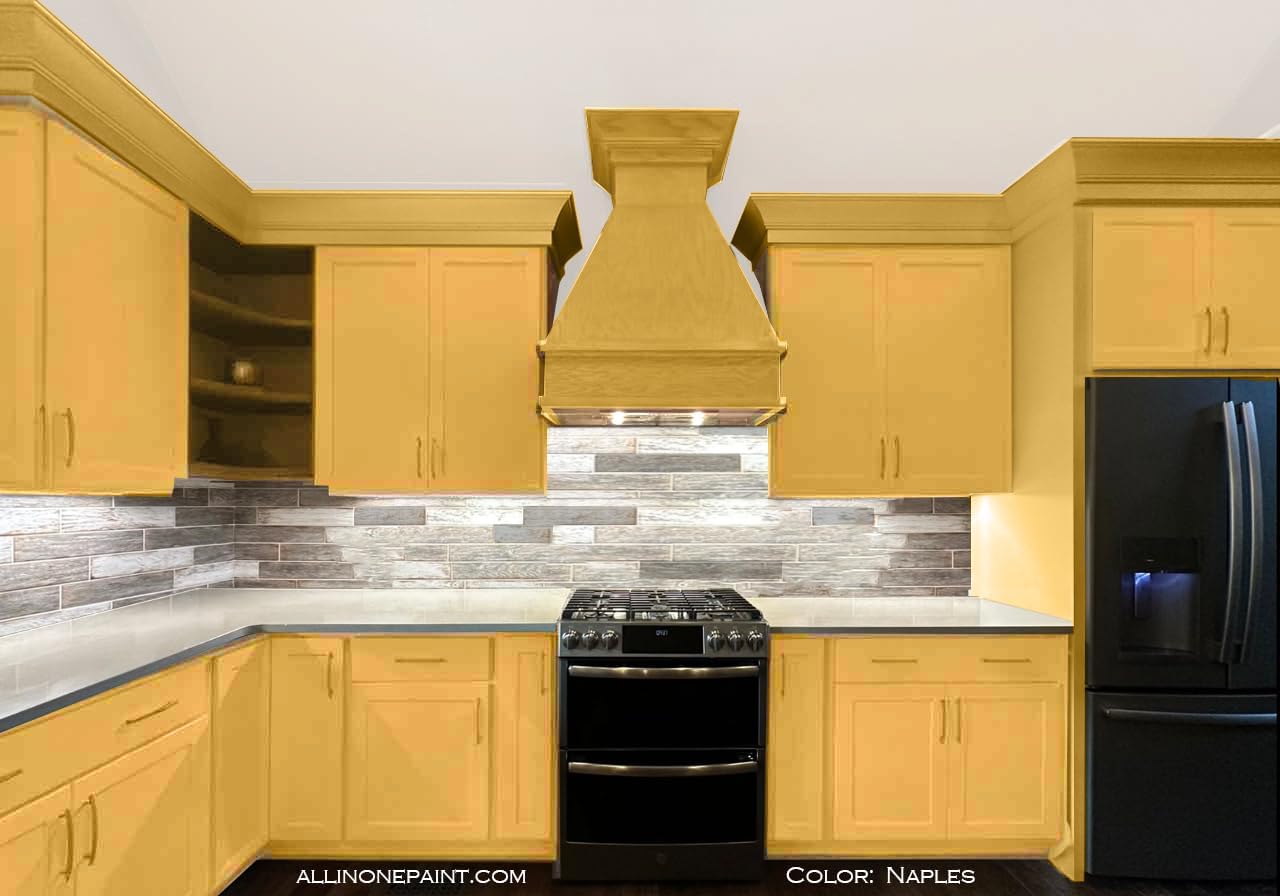 ALL-IN-ONE Paint, Durable cabinet and furniture paint. Built in primer and top coat, no sanding needed. Includes our 30 featured color card - Naples (sunny yellow), Gallon
