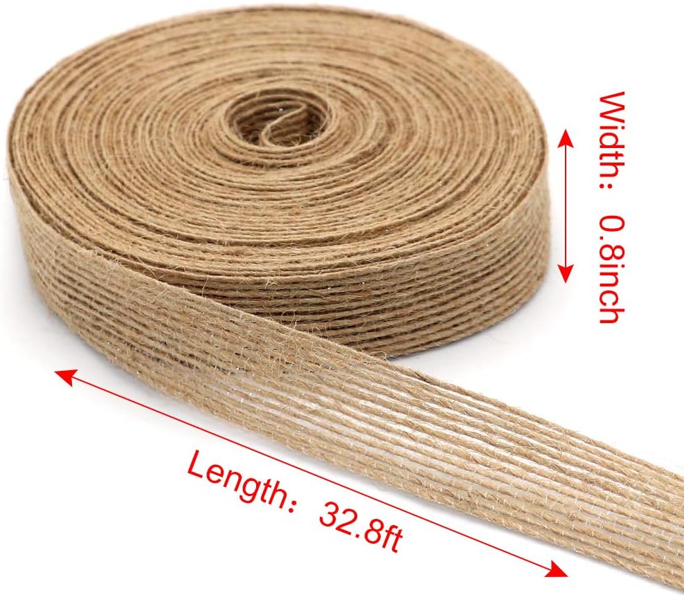 4 Rolls of Natural Burlap Fabric with Burlap Ribbon for Christmas Tree Gift Wrapping Wedding Event Party Home Bows Crafts Decoration, 11 Yards Long 0.8 inch Wide Each Roll (Natural)