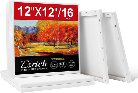 ESRICH Stretched Canvas for Painting 12x12 Inch, 16 Pack Painting Square Canvas -5/8 in Profile Primed Cotton White Blank Canvases for Painting for Oil & Acrylic Paint