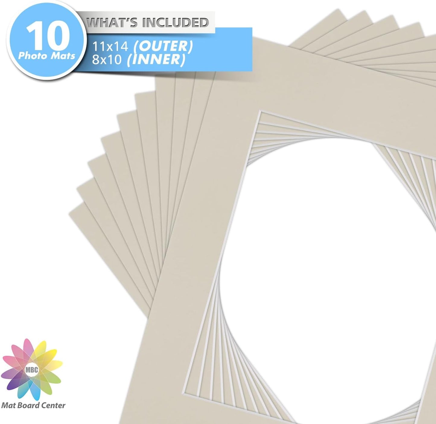 Mat Board Center, Pack of 10, 11x14 Mats for 8x10 Photos Light Gray Color - Bevel Cut, Acid Free, 4-ply Thickness, White Core - for Pictures, Photos, Framing