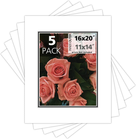 Mat Board Center, Double Mat - Acid Free, 8-ply Thickness, White Core - for Pictures, Photos, Framing (White Over Black, 16x20 for 11x14, Pack of 5)