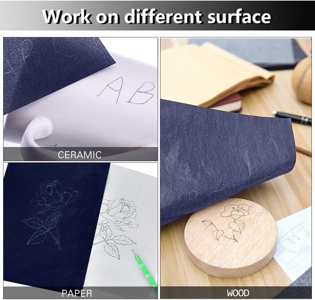 100 Sheets Carbon Transfer Paper,Blue Carbon Copy Paper Tracing Paper with 5pcs Double-end Embossing Stylus for Wood,Paper,Canvas and Other Art Surfaces (8.3 x 11.7 inch)