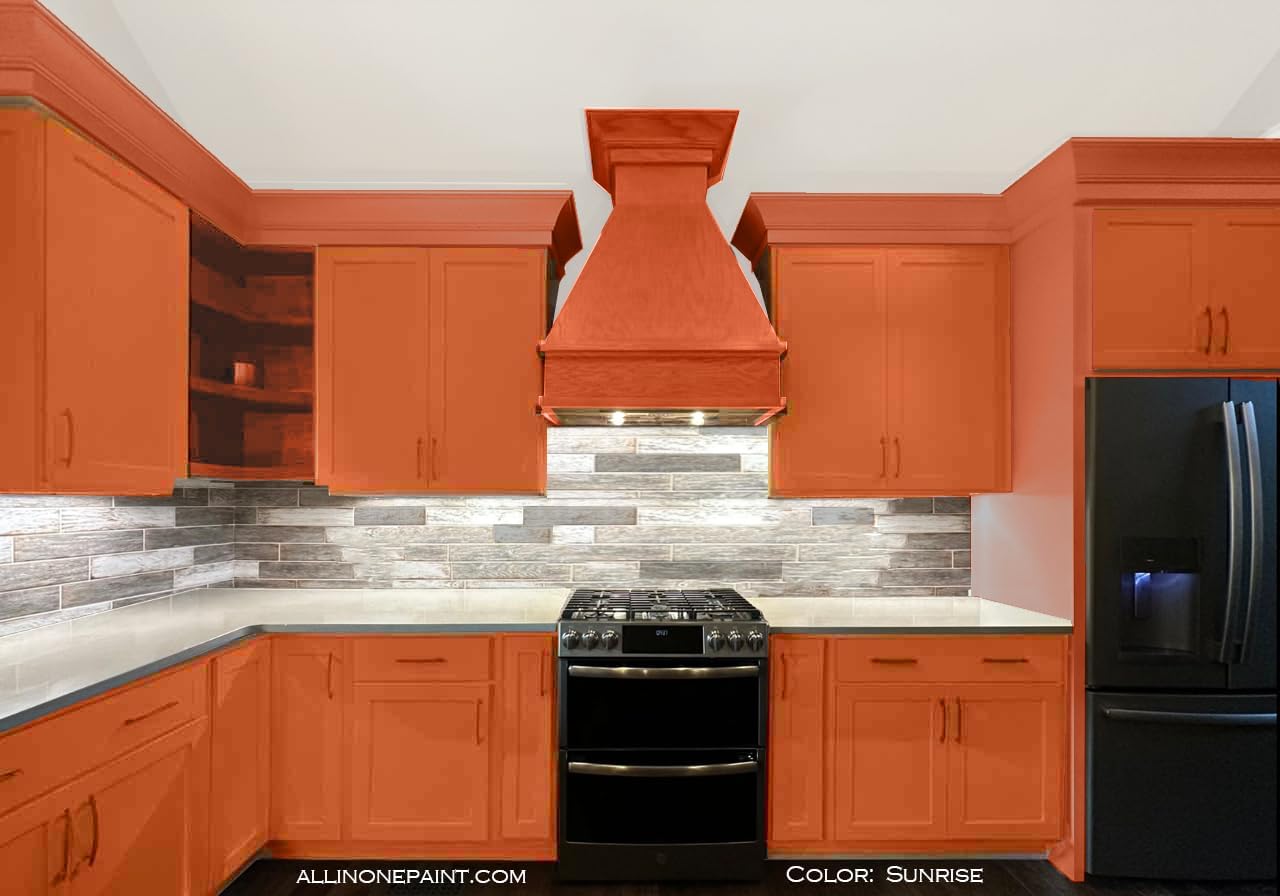 ALL-IN-ONE Paint, Durable cabinet and furniture paint. Built in primer and top coat, no sanding needed. Includes our 30 featured color card - Sunrise (orange-coral), Gallon