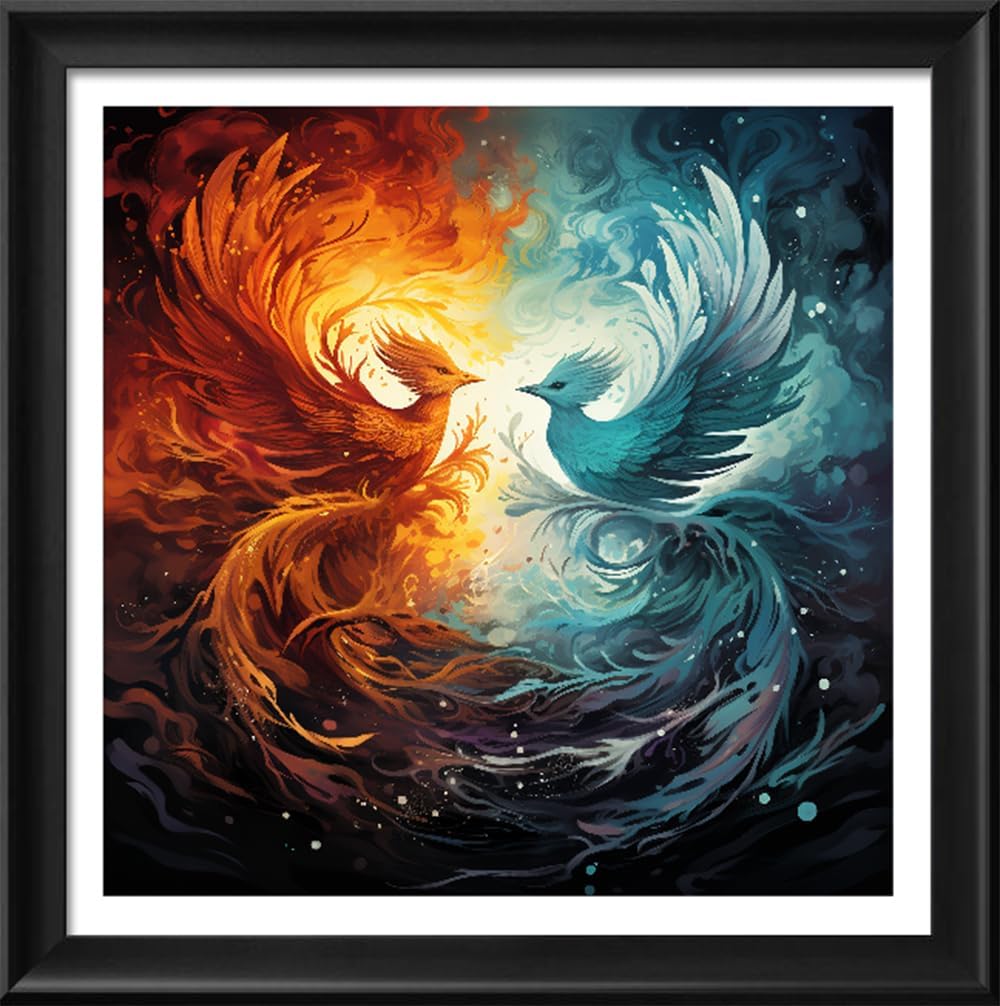 Leczany Cross Stitch Stamped Kit for Adults or Kids - Ice Fire Phoenix | DIY Embroidery Starter Patterns Craft Kit Needlepoint for Beginner | 11CT, 3 Strands | 19.7x19.7 inches