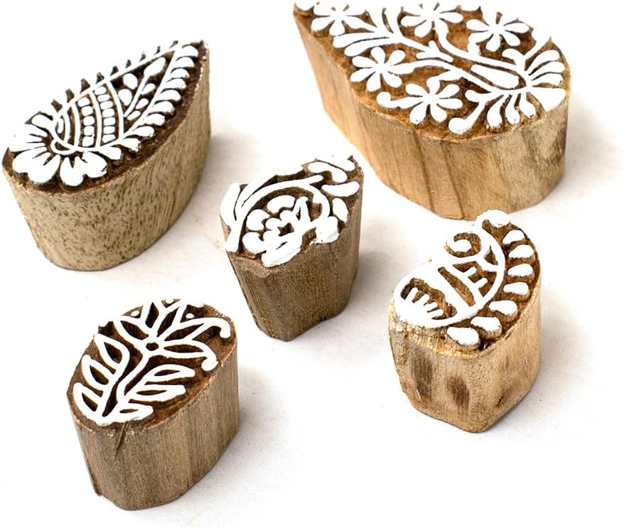 Small Floral Design Pottery Stamps - Indian Wooden Printing Stamps for Block Printing/Craft Card Making/Scrapbook/Clay Set of 5 | Hashcart®