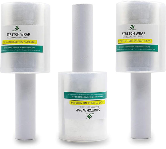 BOMEI PACK Industrial Mini Clear Stretch Wrap with Handle 5" 1000ft 80 Gauge for Pallet Wrap, Durable Self-Adhering Plastic Wrap for Packing, Moving, Heavy Duty (3)