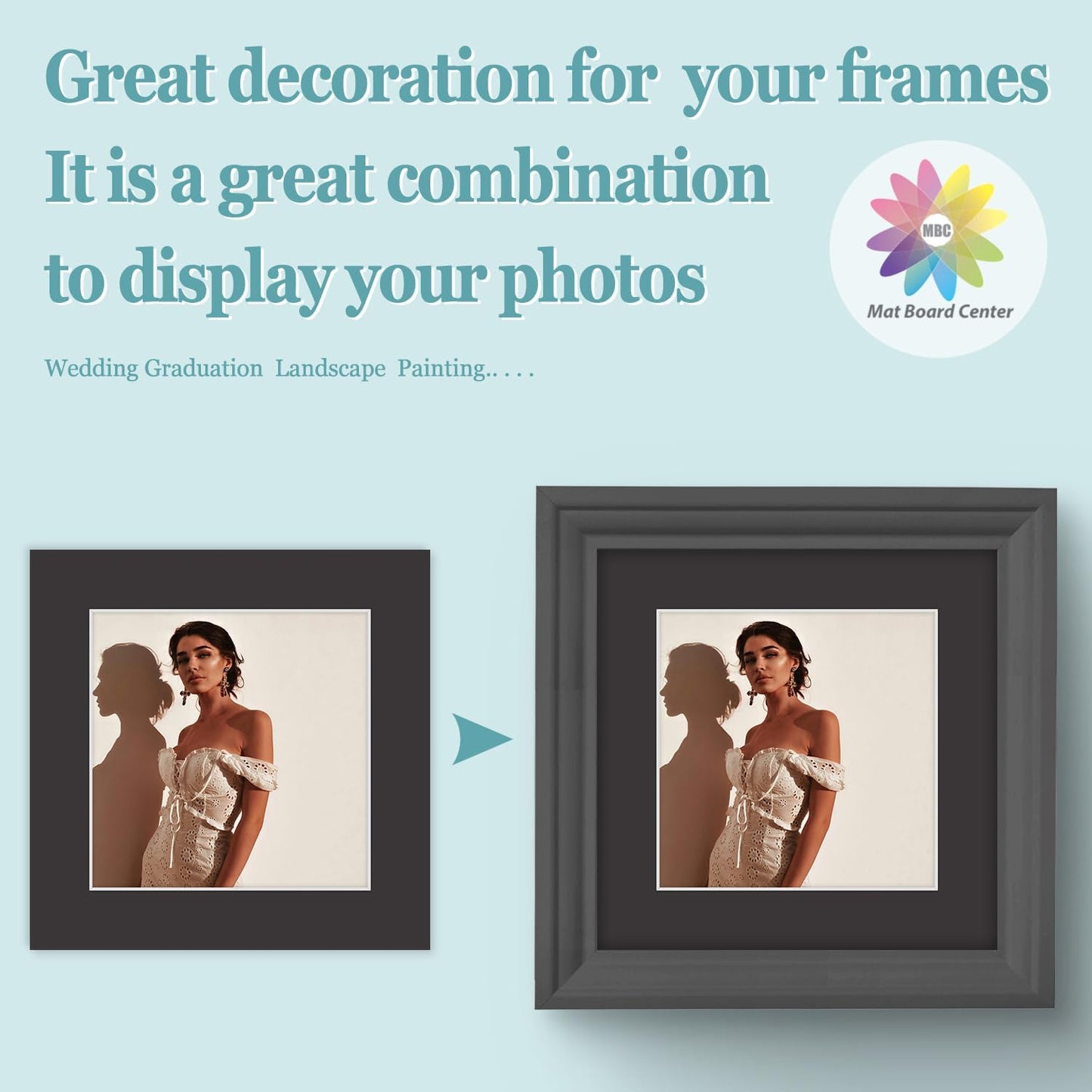 MBC Mat Board Center, 10 Pack 8x8 for 6x6 Black Picture Mats Frame Mattes, Bevel Cut, Acid Free, 4-ply Thickness