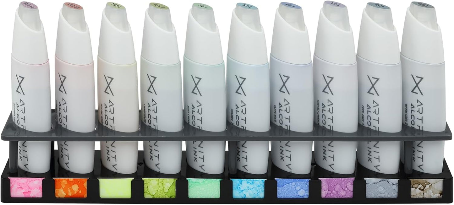 Artfinity Alcohol Ink Pretty in Pastel Set of 10 Colors (25 ml) with Free Acrylic Stand - for Painting or Alcohol Marker Refill Ink, Acid-Free, Fast-Drying, Permanent, Transparent, Swatch Template
